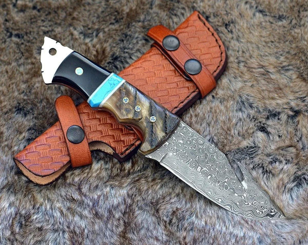 Vertex Damascus Gut Hook Knife with Ram Horn & Turquoise Handle - Gifts for You 'n Me