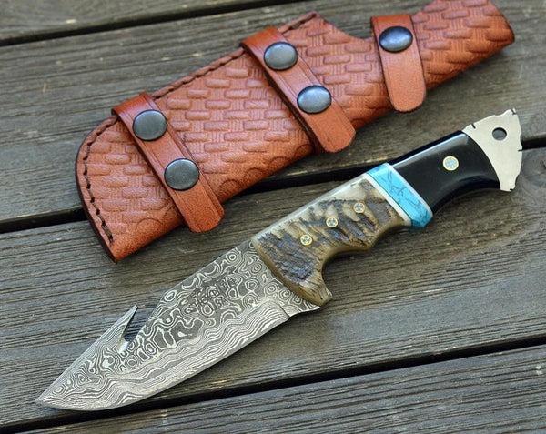 Vertex Damascus Gut Hook Knife with Ram Horn & Turquoise Handle - Gifts for You 'n Me