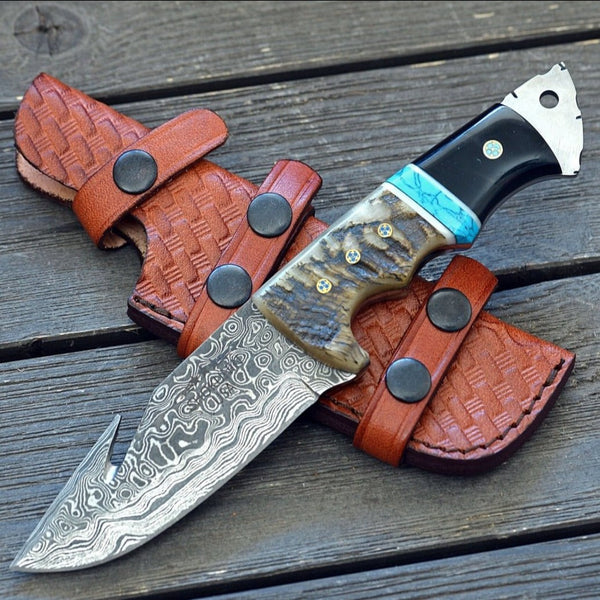 Vertex Damascus Gut Hook Knife with Ram Horn & Turquoise Handle