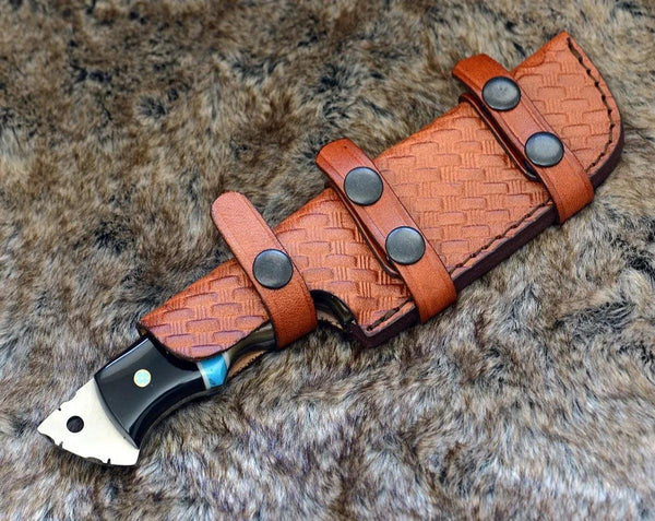 Vertex Damascus Gut Hook Knife with Ram Horn & Turquoise Handle - Gifts for You 'n Me