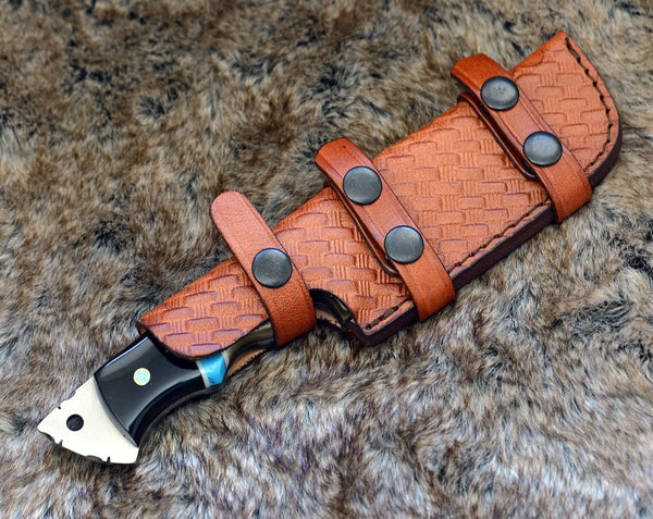 Vertex Damascus Gut Hook Knife with Ram Horn & Turquoise Handle