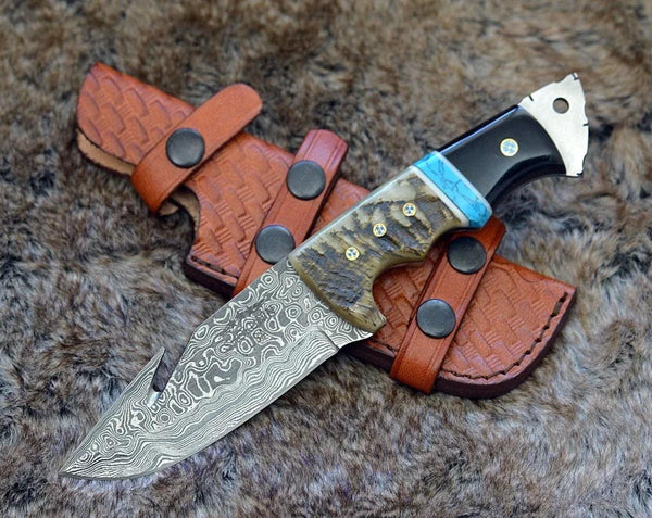 Vertex Damascus Gut Hook Knife with Ram Horn & Turquoise Handle - Gifts for You 'n Me