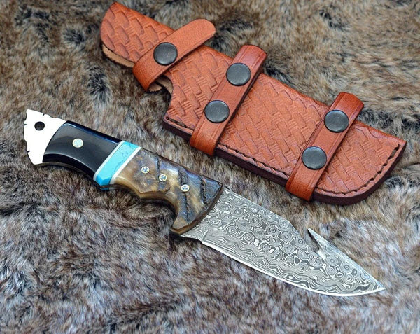 Vertex Damascus Gut Hook Knife with Ram Horn & Turquoise Handle - Gifts for You 'n Me