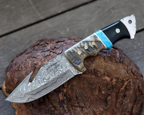 Vertex Damascus Gut Hook Knife with Ram Horn & Turquoise Handle - Gifts for You 'n Me