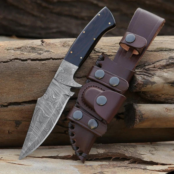 Vesper Damascus Hunting Knife with Exotic Wenge Wood Handle & Sheath - Gifts for You 'n Me