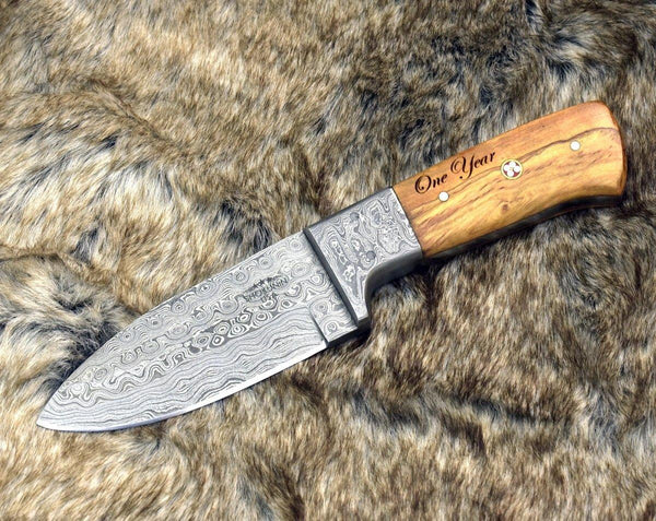 Vesper Damascus Hunting Knife with Exotic Wenge Wood Handle & Sheath - Gifts for You 'n Me