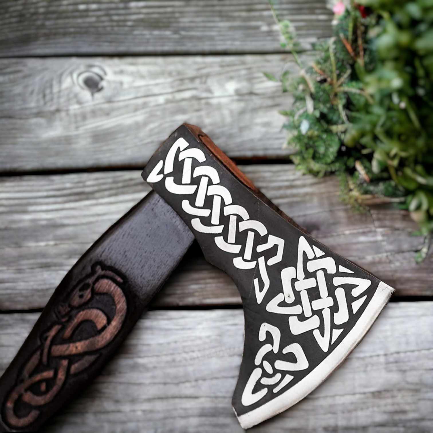 Celtic Knotwork Viking Axe – Hand-Forged Bearded Battle Axe with Carved Handle