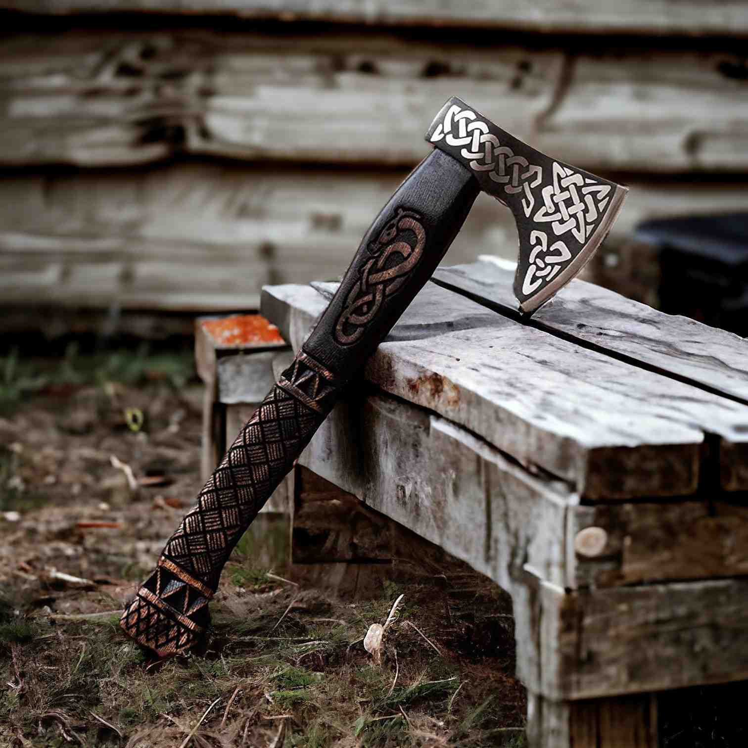 Celtic Knotwork Viking Axe – Hand-Forged Bearded Battle Axe with Carved Handle