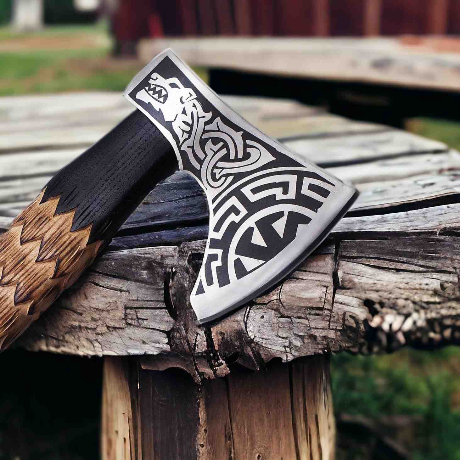 Norse Wolf Viking Axe – Hand-Forged 1075 Steel Bearded Axe with Ash Handle