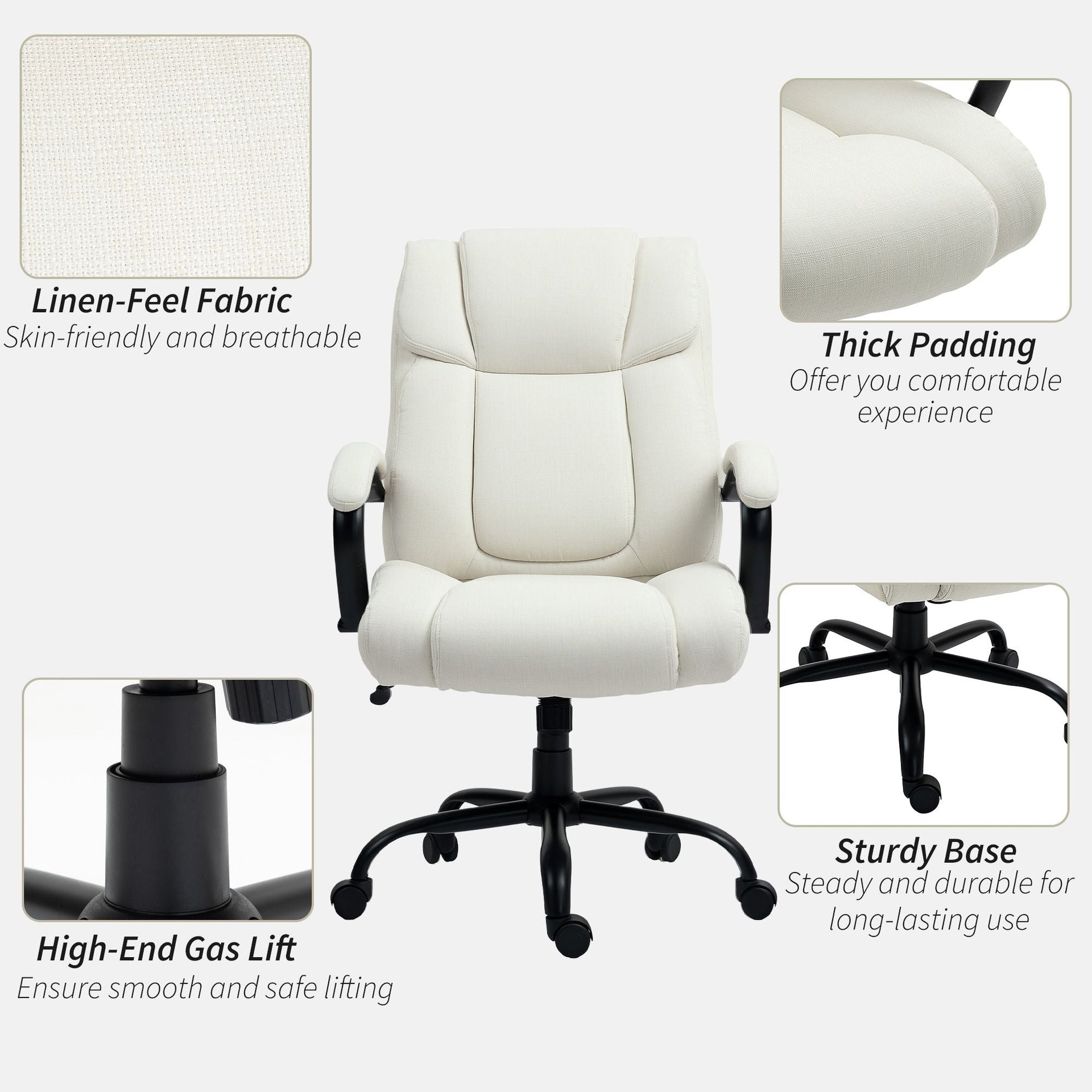 Vinsetto High Back Office Desk Chair, 485lbs Heavy Duty Desk Chair with Swivel Wheels, Cream White
