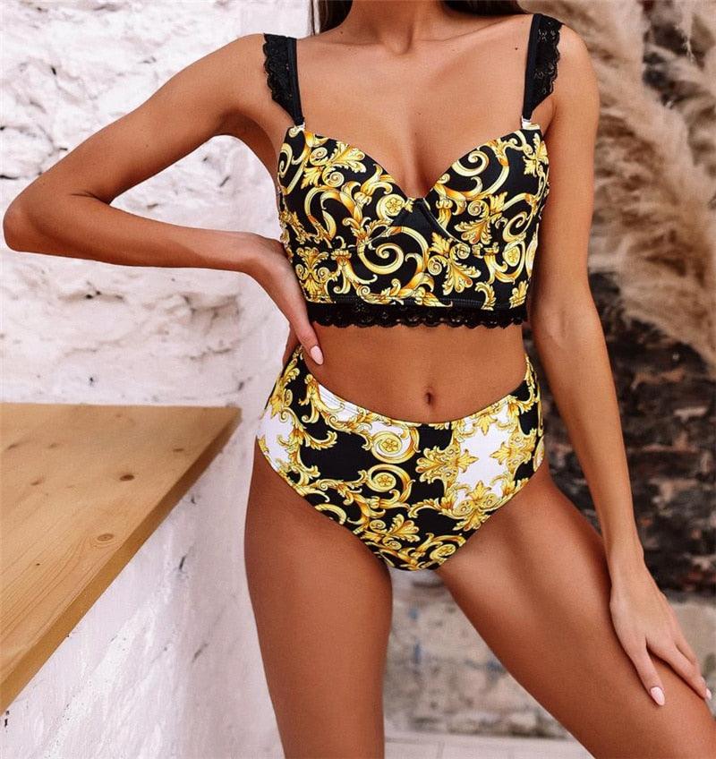 Vintage Black Print Women's Bikini Set Women's Halter Beautiful Print High Waist Swimsuit Bathing Suits Bikini Set Lace Strappy Padded Bra High Waist Bottoms Swimsuit Fashion Female Beachwear Luxury Swimwear