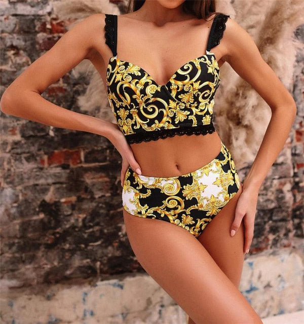 Vintage Black Print Women's Bikini Set Women's Halter Beautiful Print High Waist Swimsuit Bathing Suits Bikini Set Lace Strappy Padded Bra High Waist Bottoms Swimsuit Fashion Female Beachwear Luxury Swimwear