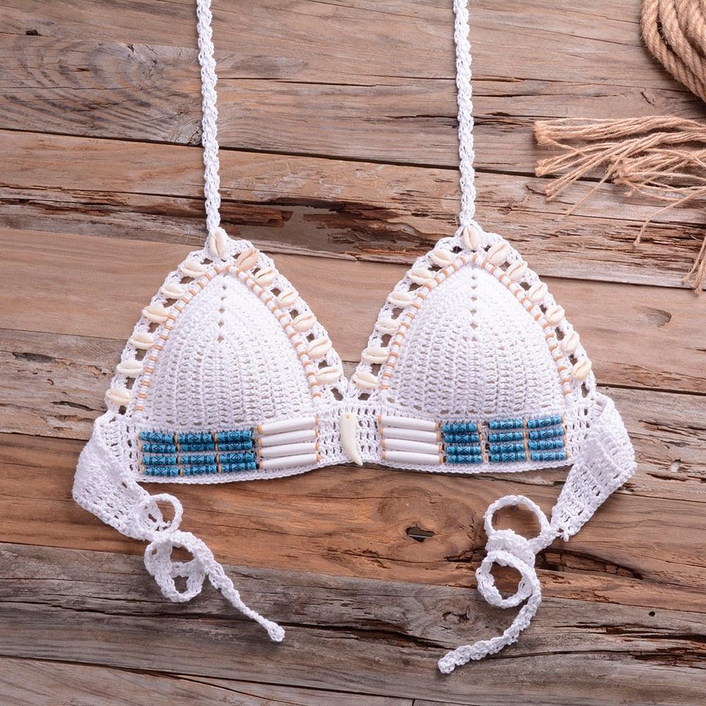 Vintage Blue Bikinis 2 Piece Halter Bikini Set Women High Waist Sequin Swimsuit  Set Handmade Crochet High Quality Swimsuit Women Push Up Swimwear Knitted Beach Wear Bathing Suit