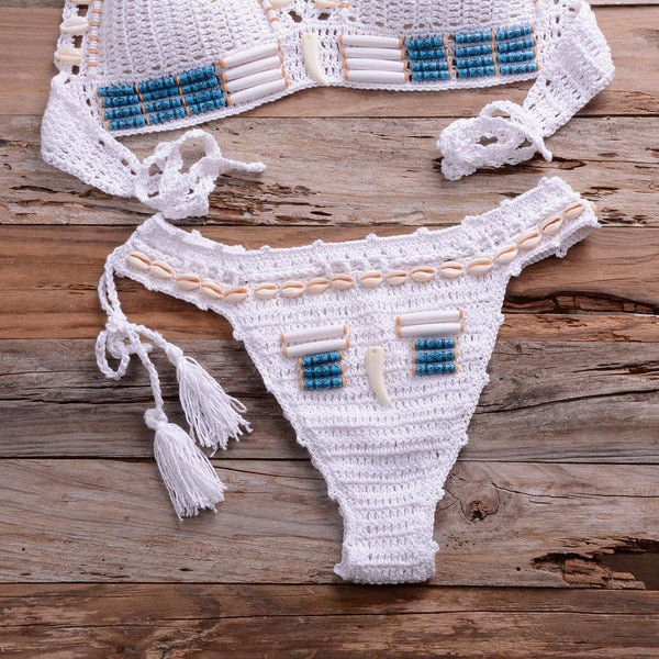 Vintage Blue Bikinis 2 Piece Halter Bikini Set Women High Waist Sequin Swimsuit  Set Handmade Crochet High Quality Swimsuit Women Push Up Swimwear Knitted Beach Wear Bathing Suit