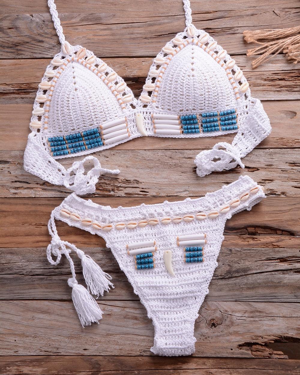 Vintage Blue Bikinis 2 Piece Halter Bikini Set Women High Waist Sequin Swimsuit  Set Handmade Crochet High Quality Swimsuit Women Push Up Swimwear Knitted Beach Wear Bathing Suit