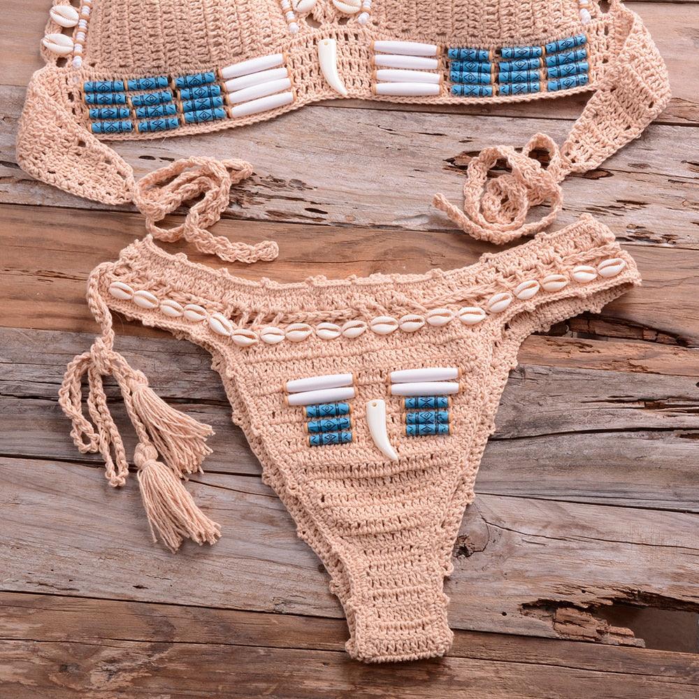 Vintage Blue Bikinis 2 Piece Halter Bikini Set Women High Waist Sequin Swimsuit  Set Handmade Crochet High Quality Swimsuit Women Push Up Swimwear Knitted Beach Wear Bathing Suit
