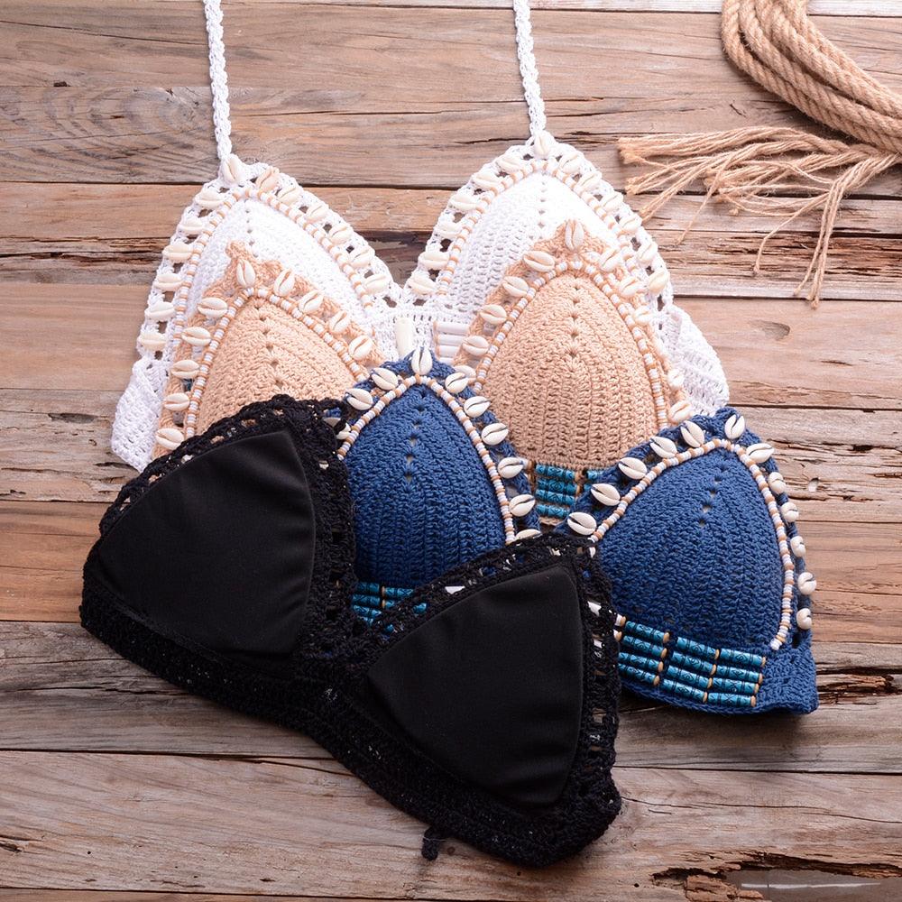 Vintage Blue Bikinis 2 Piece Halter Bikini Set Women High Waist Sequin Swimsuit  Set Handmade Crochet High Quality Swimsuit Women Push Up Swimwear Knitted Beach Wear Bathing Suit