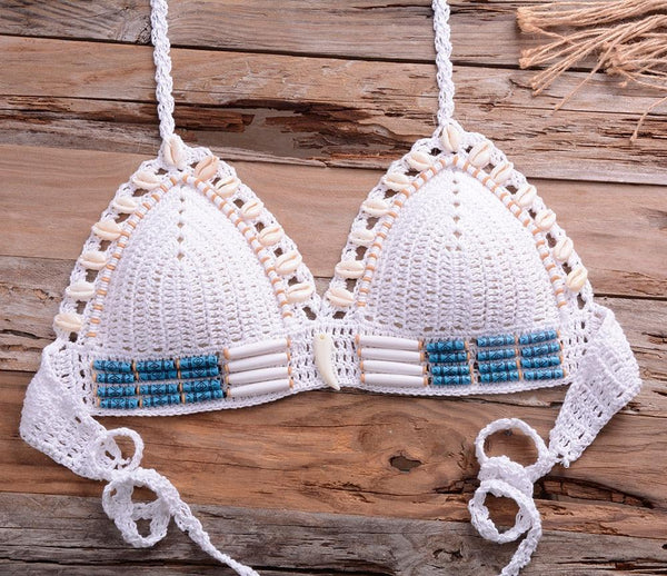Vintage Blue Bikinis 2 Piece Halter Bikini Set Women High Waist Sequin Swimsuit  Set Handmade Crochet High Quality Swimsuit Women Push Up Swimwear Knitted Beach Wear Bathing Suit