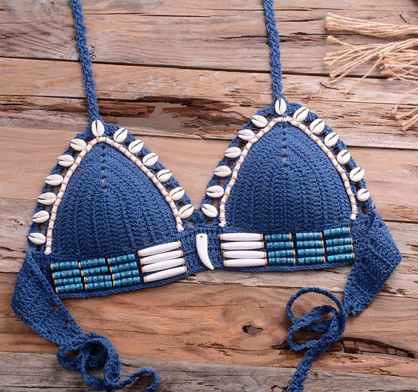 Vintage Blue Bikinis 2 Piece Halter Bikini Set Women High Waist Sequin Swimsuit  Set Handmade Crochet High Quality Swimsuit Women Push Up Swimwear Knitted Beach Wear Bathing Suit