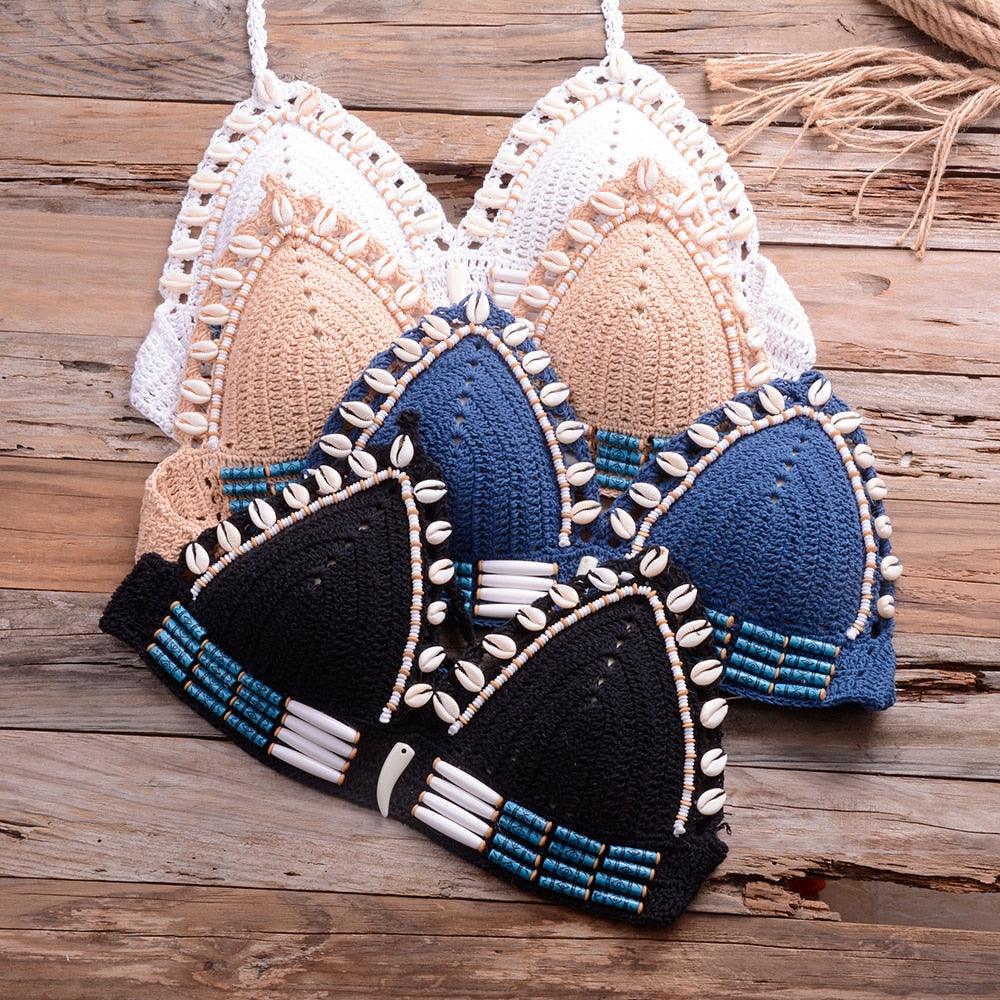 Vintage Blue Bikinis 2 Piece Halter Bikini Set Women High Waist Sequin Swimsuit  Set Handmade Crochet High Quality Swimsuit Women Push Up Swimwear Knitted Beach Wear Bathing Suit