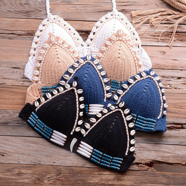 Vintage Blue Bikinis 2 Piece Halter Bikini Set Women High Waist Sequin Swimsuit  Set Handmade Crochet High Quality Swimsuit Women Push Up Swimwear Knitted Beach Wear Bathing Suit