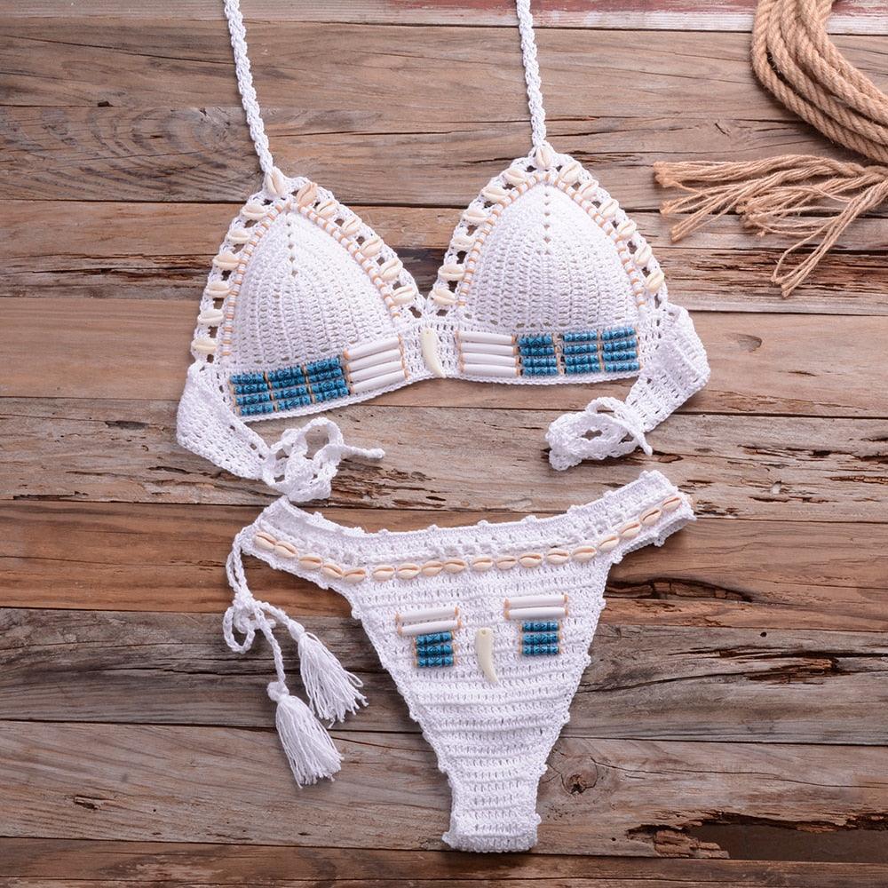 Vintage Blue Bikinis 2 Piece Halter Bikini Set Women High Waist Sequin Swimsuit  Set Handmade Crochet High Quality Swimsuit Women Push Up Swimwear Knitted Beach Wear Bathing Suit
