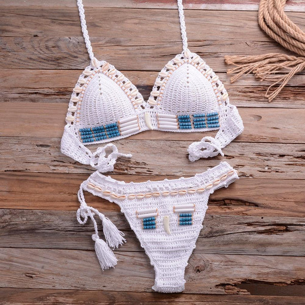 Vintage Blue Bikinis 2 Piece Halter Bikini Set Women High Waist Sequin Swimsuit  Set Handmade Crochet High Quality Swimsuit Women Push Up Swimwear Knitted Beach Wear Bathing Suit