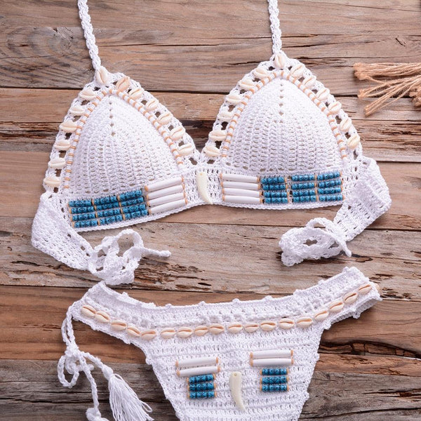 Vintage Blue Bikinis 2 Piece Halter Bikini Set Women High Waist Sequin Swimsuit  Set Handmade Crochet High Quality Swimsuit Women Push Up Swimwear Knitted Beach Wear Bathing Suit