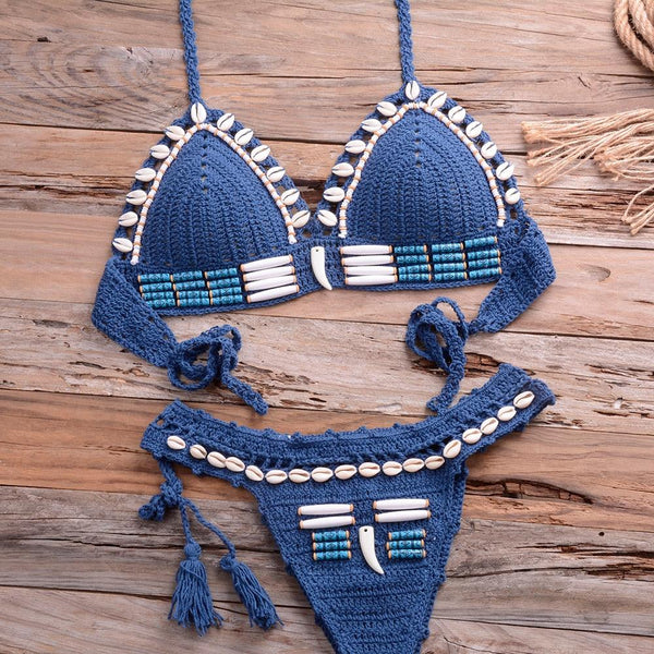 Vintage Blue Bikinis 2 Piece Halter Bikini Set Women High Waist Sequin Swimsuit  Set Handmade Crochet High Quality Swimsuit Women Push Up Swimwear Knitted Beach Wear Bathing Suit