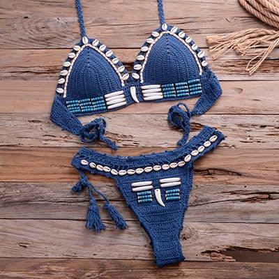 Vintage Blue Bikinis 2 Piece Halter Bikini Set Women High Waist Sequin Swimsuit  Set Handmade Crochet High Quality Swimsuit Women Push Up Swimwear Knitted Beach Wear Bathing Suit