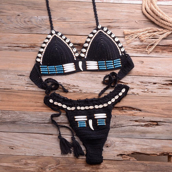 Vintage Blue Bikinis 2 Piece Halter Bikini Set Women High Waist Sequin Swimsuit  Set Handmade Crochet High Quality Swimsuit Women Push Up Swimwear Knitted Beach Wear Bathing Suit