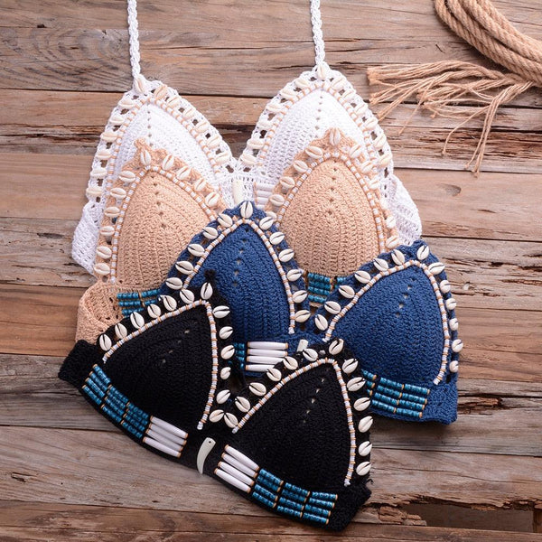 Vintage Blue Bikinis 2 Piece Halter Bikini Set Women High Waist Sequin Swimsuit  Set Handmade Crochet High Quality Swimsuit Women Push Up Swimwear Knitted Beach Wear Bathing Suit