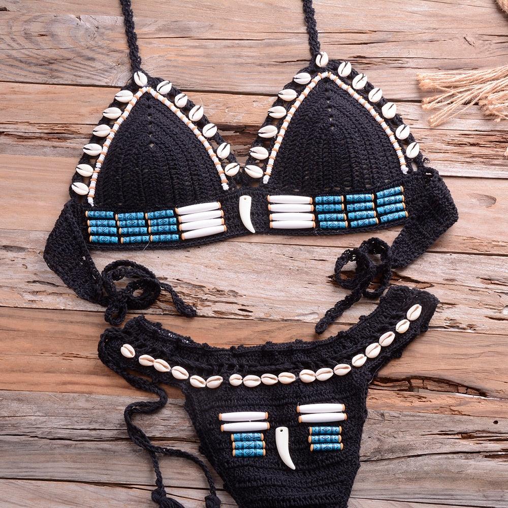 Vintage Blue Bikinis 2 Piece Halter Bikini Set Women High Waist Sequin Swimsuit  Set Handmade Crochet High Quality Swimsuit Women Push Up Swimwear Knitted Beach Wear Bathing Suit