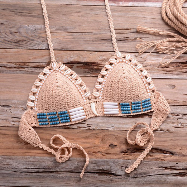 Vintage Blue Bikinis 2 Piece Halter Bikini Set Women High Waist Sequin Swimsuit  Set Handmade Crochet High Quality Swimsuit Women Push Up Swimwear Knitted Beach Wear Bathing Suit