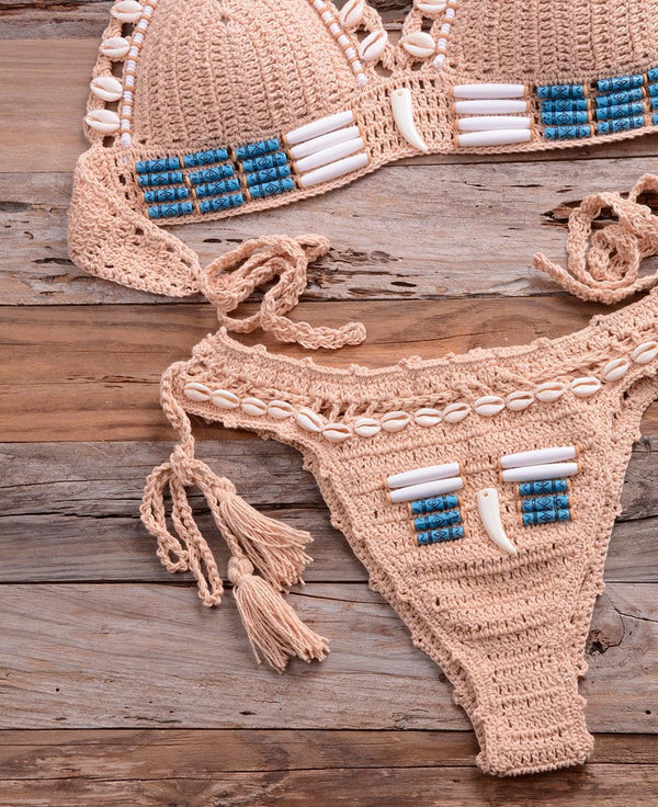 Vintage Blue Bikinis 2 Piece Halter Bikini Set Women High Waist Sequin Swimsuit  Set Handmade Crochet High Quality Swimsuit Women Push Up Swimwear Knitted Beach Wear Bathing Suit