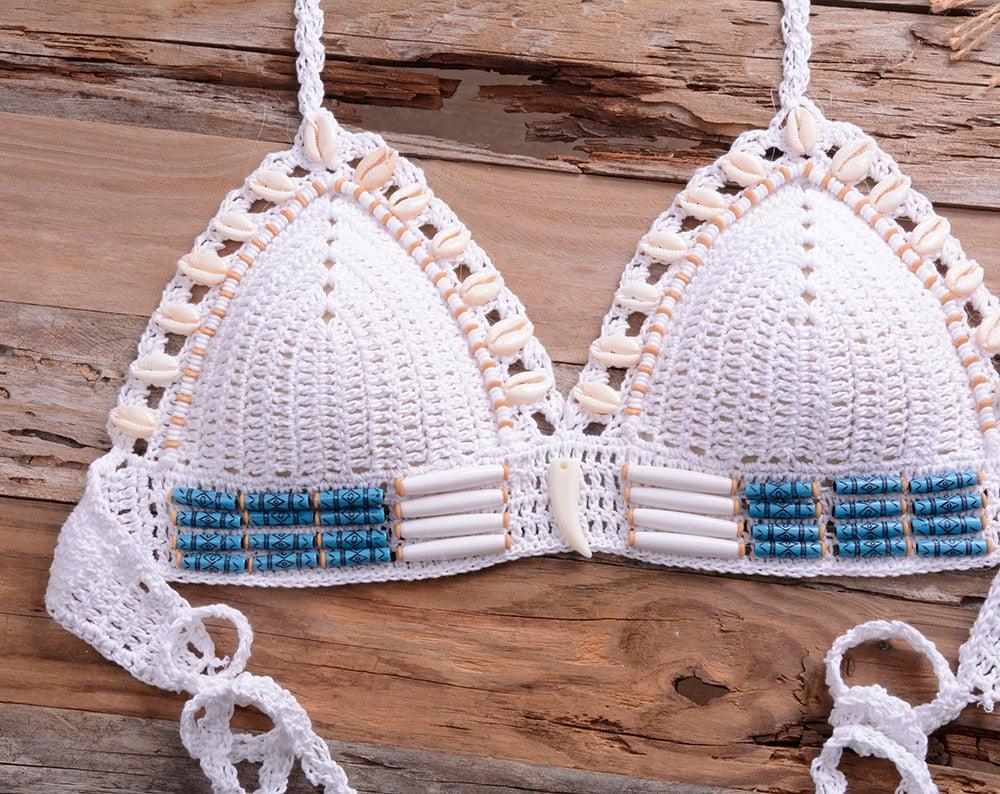 Vintage Blue Bikinis 2 Piece Halter Bikini Set Women High Waist Sequin Swimsuit  Set Handmade Crochet High Quality Swimsuit Women Push Up Swimwear Knitted Beach Wear Bathing Suit