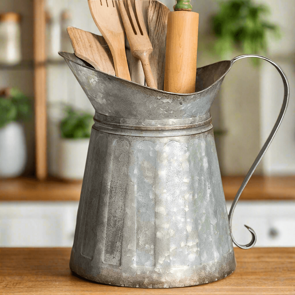Vintage Farmhouse Galvanized Metal Pitcher Utensil Holder