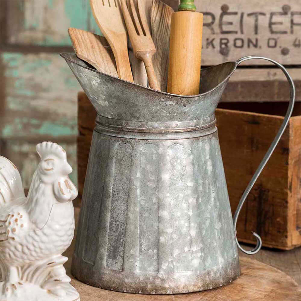 Vintage Farmhouse Galvanized Metal Pitcher Utensil Holder