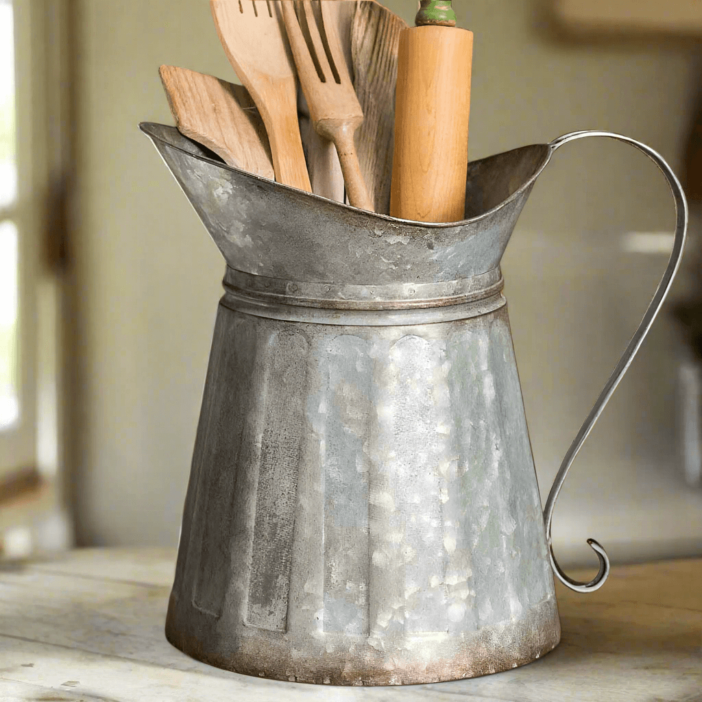 Vintage Farmhouse Galvanized Metal Pitcher Utensil Holder
