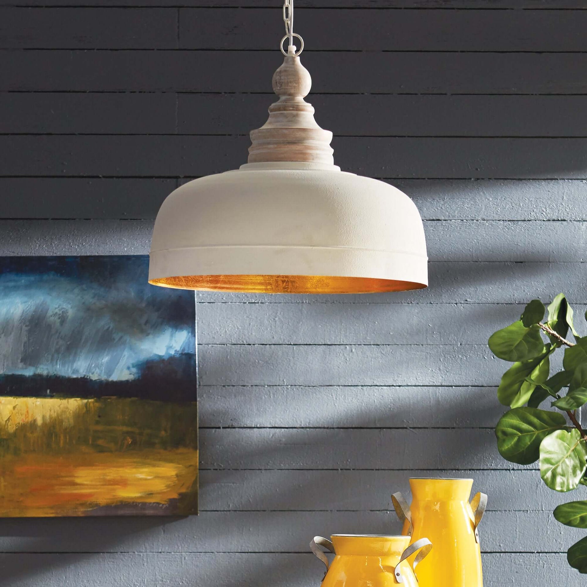 Vintage Farmhouse White Dome Pendant Light with Wood Finial