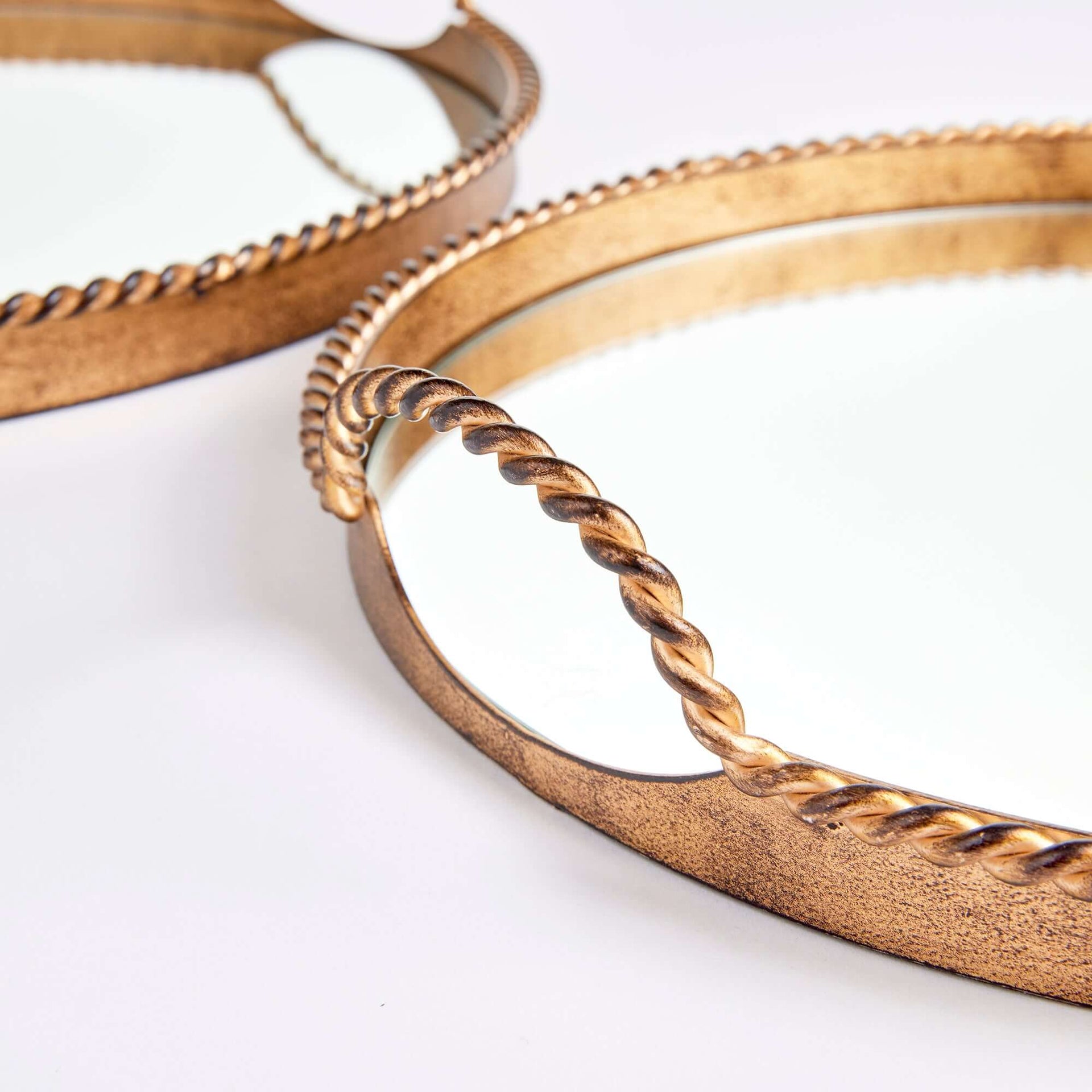 Vintage Gold Mirrored Tray Set with Braided Handles (Set of 2)