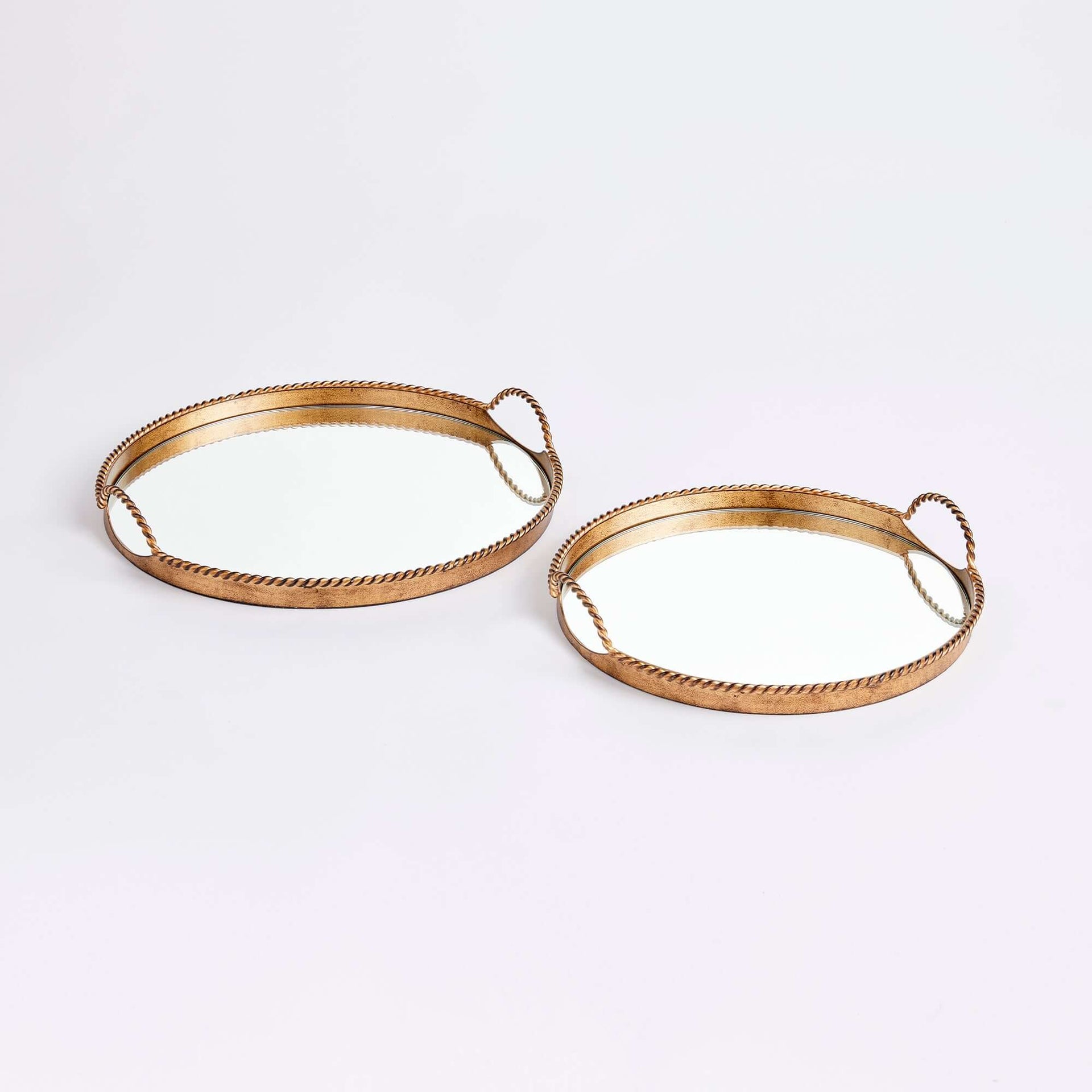 Vintage Gold Mirrored Tray Set with Braided Handles (Set of 2)