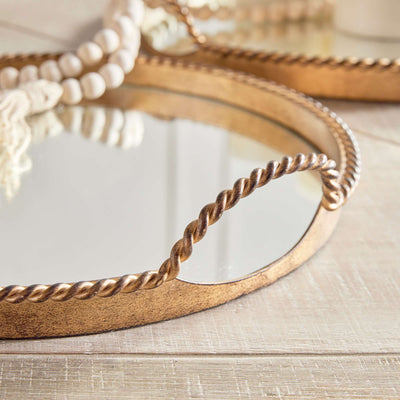 Vintage Gold Mirrored Tray Set with Braided Handles (Set of 2)