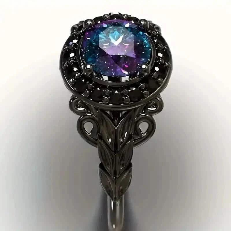 Vintage Gothic Style Synthetic Rainbow Stone Ring with Imitation Black Zirconia