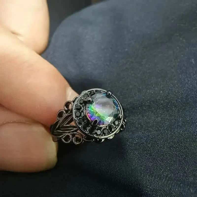 Vintage Gothic Style Synthetic Rainbow Stone Ring with Imitation Black Zirconia