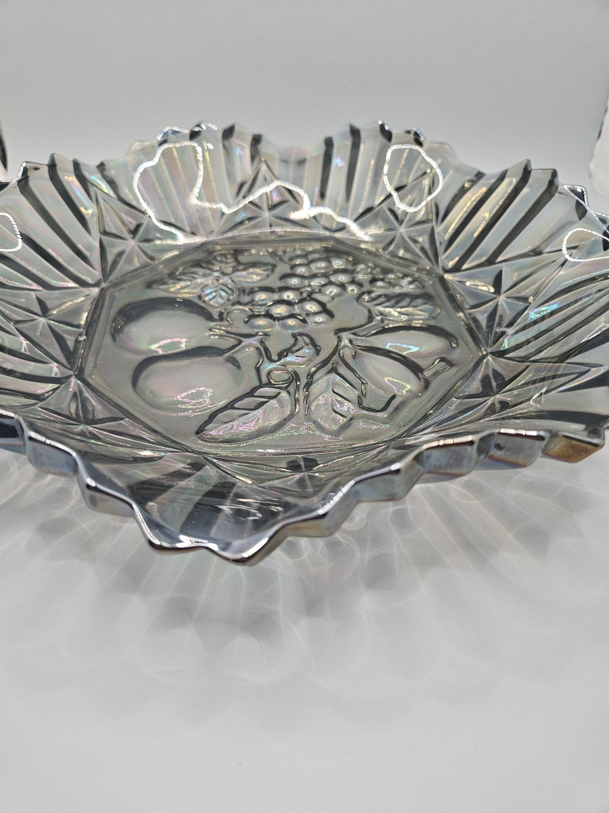 Vintage Grey Carnival Glass Bowl With Fluted Edges & Raised Fruit Bottom