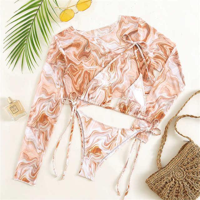 Vintage Halter Printed Leopard Bikini Female Lace Up Bottom Swimsuit Women Swimwear Long Sleeve Bathing Suits Leopard Print Swimsuit Three-pieces Bikini Set Long Sleeve Bathing Suit Cute Swimwear