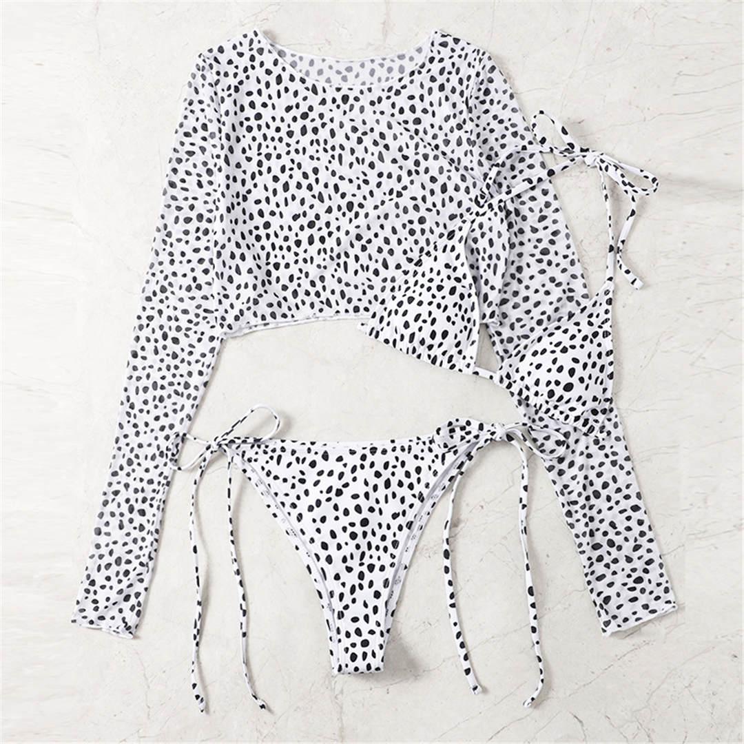 Vintage Halter Printed Leopard Bikini Female Lace Up Bottom Swimsuit Women Swimwear Long Sleeve Bathing Suits Leopard Print Swimsuit Three-pieces Bikini Set Long Sleeve Bathing Suit Cute Swimwear