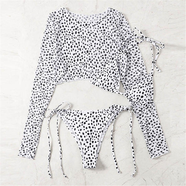 Vintage Halter Printed Leopard Bikini Female Lace Up Bottom Swimsuit Women Swimwear Long Sleeve Bathing Suits Leopard Print Swimsuit Three-pieces Bikini Set Long Sleeve Bathing Suit Cute Swimwear