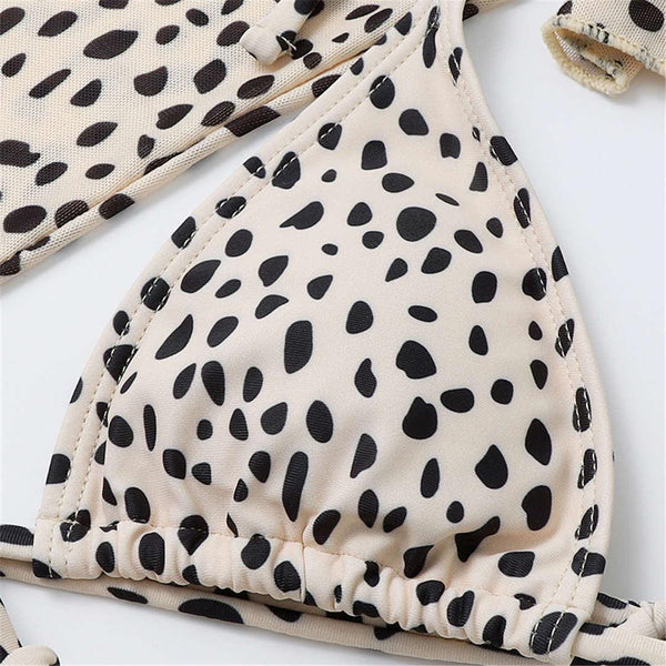 Vintage Halter Printed Leopard Bikini Female Lace Up Bottom Swimsuit Women Swimwear Long Sleeve Bathing Suits Leopard Print Swimsuit Three-pieces Bikini Set Long Sleeve Bathing Suit Cute Swimwear